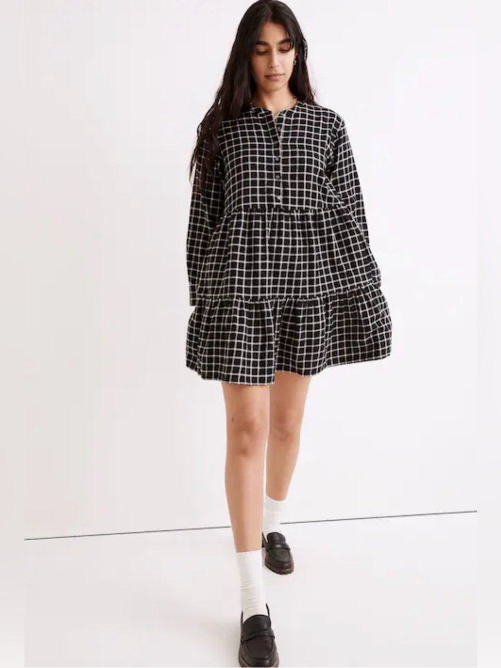 Madewell Flannel Button-Up Tiered Mini Dress In Windowpane In True Black
